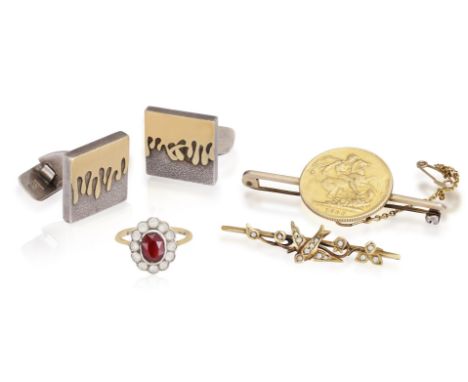 A GROUP OF JEWELLERY, comprising; a pair of square-shaped bi-coloured silver cufflinks, maker’s mark RH and hallmarks, length