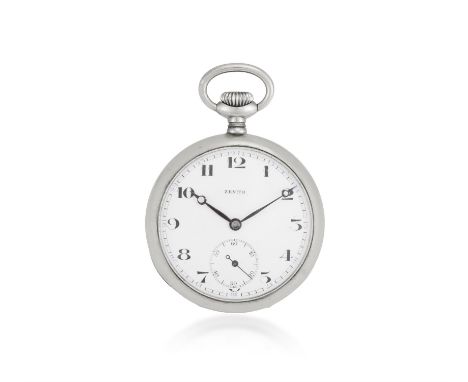 A POCKET WATCH, BY ZENITH, the circular open face white dial with Arabic numerals, subsidiary seconds dial, reeded decoration