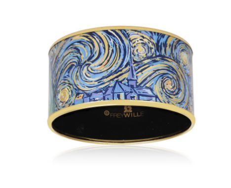 AN ENAMEL ‘DIVA VINCENT VAN GOGH’ BANGLE, BY FREY WILLE, the gold-plated broad bangle depicting an array of colours, signed, 