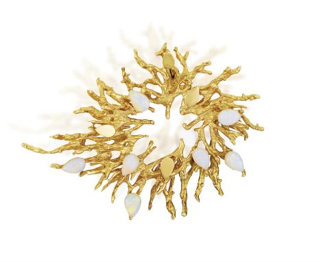 AN OPAL BROOCH, BY WEST, of abstract openwork design, highlighted with pear-shaped opals, mounted in 18K gold, signed West, l