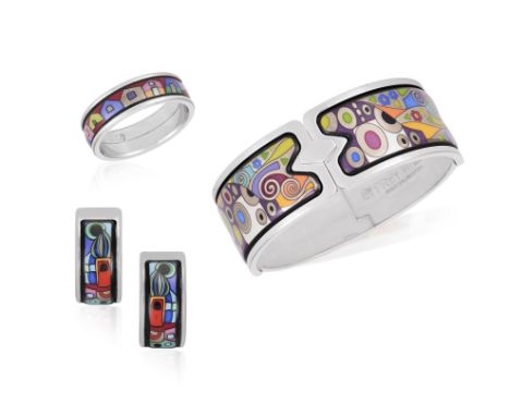 A GROUP OF JEWELLERY ‘HUNDERTWASSER AND GUSTAV KLIMT’, BY FREY WILLE, comprising; a bangle, créole earrings and ring applied 