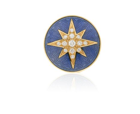 AN ENAMEL AND DIAMOND DRESS RING, BY VICTOR MAYER, the circular plaque applied with blue guilloché enamel, centring an 8-poin