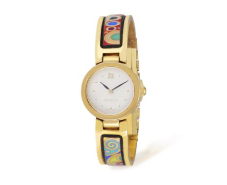 A LADY’S STAINLESS STEEL QUARTZ ‘HUNDERTWASSER’ WRISTWATCH, BY FREY WILLE, the golden circular dial with golden dot hour and 