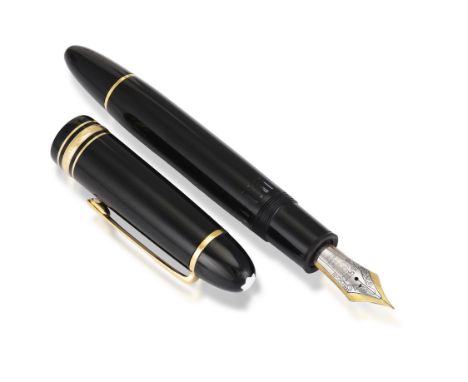 A FOUNTAIN PEN, BY MONTBLANC, black coloured with gilt highlights engraved ‘Meisterstuck No 149 Montblanc’, white logo termin