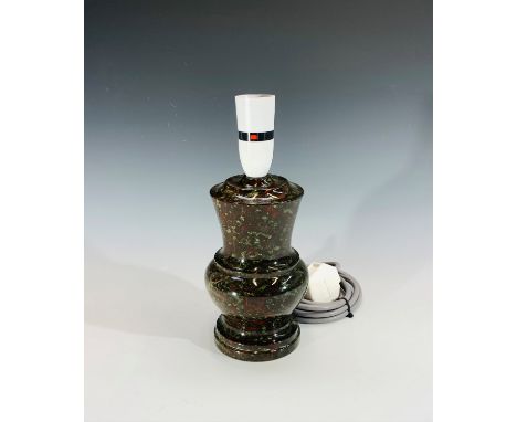 A Cornish serpentine table lamp. Height 26cm overall.