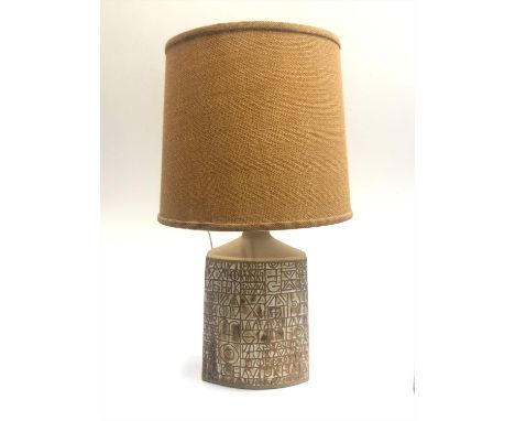 A Tremaen studio pottery table lamp with shade. Height 72cm overall.
