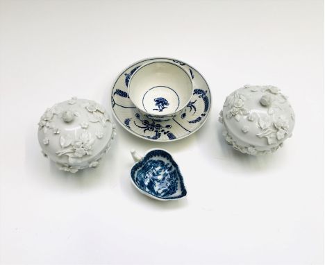 A late 18th century English porcelain butter boat, moulded and transfer printed with the 'Fisherman' pattern, length 7.5cm, a