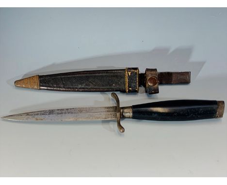 A German fighting knife, by Hugo Koller, Solingen, with horn grip and leather scabbard, 27cm.