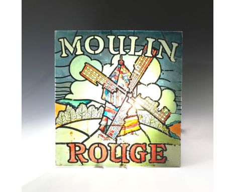 A late 19th/ early 20th century stained glass panel, inscribed 'Moulin Rouge', and decorated with the image of a red windmill