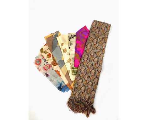 A cashmere, wool and silk gentleman's scarf in a paisley design, together with six ladies silk scarves.