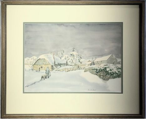 David W. BIRCH (b.1945) 'Late Snow at Lambing Time - The Old Forge Chipping Campden Glos' Watercolour Signed, further inscrib
