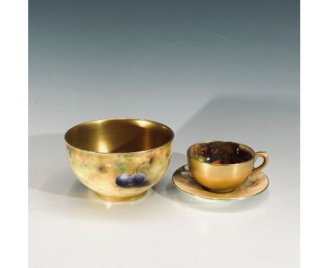 A Royal Worcester bowl with hand painted fruit decoration and gilded interior, signed R. Austin, dated 1901,height 5.5cm, tog