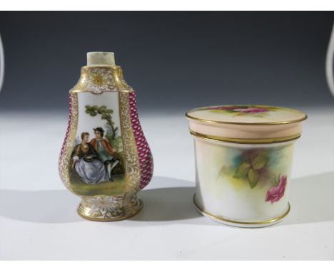 A Royal Worcester pot and cover, hand painted with roses, printed mark and date marks for 1901 to base, height 7.5cm, togethe