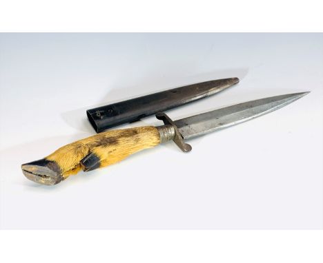 A European hunting knife, early 20th century, with deer foot grip and metal scabbard, 29cm.