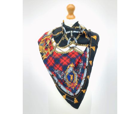 A black silk scarf with polo pony and racehorse design, Hermes Paris printed logo, hand rolled and stiched edges. 85cm x 85cm