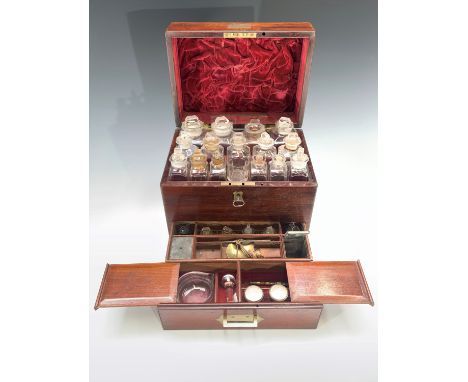A 19th century mahogany and brass mounted apothecary's box, the red velvet lined lid enclosing 15 assorted glass bottles with