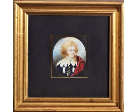 English School, 19th Century Portrait Miniature of a Gentleman with a Lace Collar and Wearing a Red Cloak Watercolour Signed 
