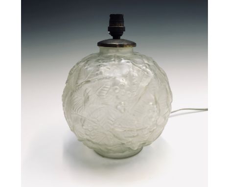 A French Art Deco period glass table lamp base moulded with fruiting vines. Height 25cm overall.Condition report: No conditio