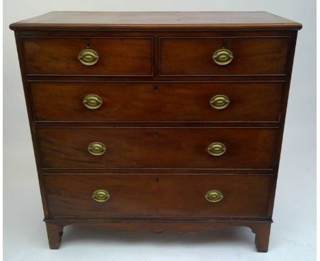 A George III mahogany chest of drawers, with two short and three long drawers, on bracket feet, height 107cm, width 109cm.Con