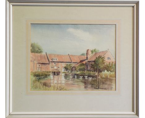 Audrey R. VAULKHARD (20th Century) River Scene with White Ducks Watercolour Signed and dated 1975 25 x 33cm