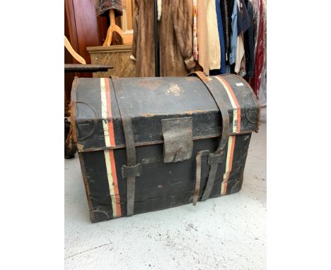 A collection of vintage textiles including lace, in a large Victorian canvas and wicker travelling trunk and a pine box.