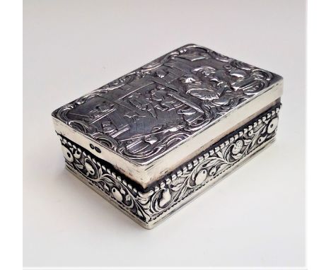 A silver snuff box, the lid decorated with a tavern scene, hallmarks to base, width 7.5cm.