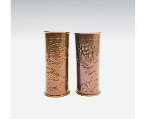 Two Newlyn style copper vases, one decorated with fish, the other with a floral design, both unmarked. Height both approx. 15