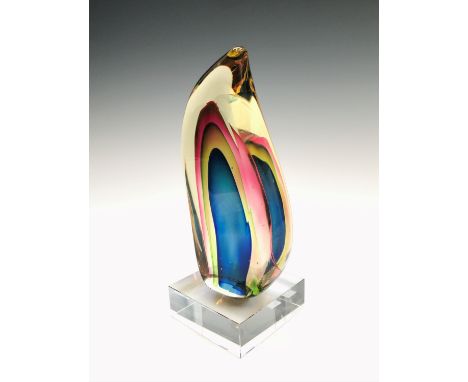 An Italian sommerso art glass sculpture of teardrop form, on integral square base. Height 26cm.