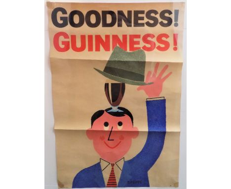 A Guinness advertising poster, after R. Peppe, illustrated with a man lifting his hat to reveal a pint of Guinness, inscribed