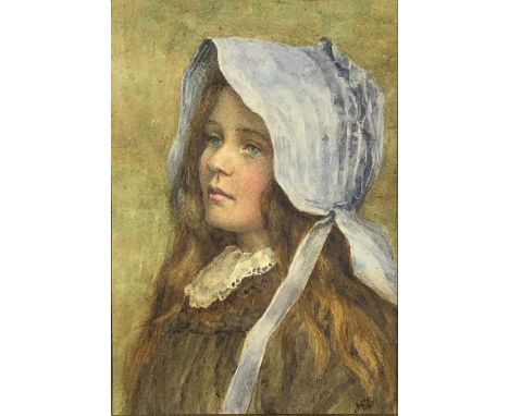 English School, 19th Century Portrait of a Girl Wearing a Blue Bonnet Watercolour Signed with initials MES 25.5 x 17.5cmCondi