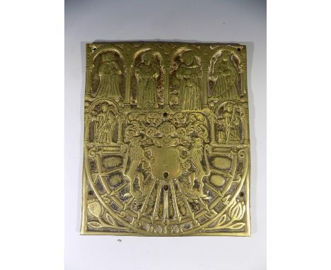 A heavy brass vertical sundial plate, cast with central armorial, regal and ecclesiastical figures etc , the dial with Arabic
