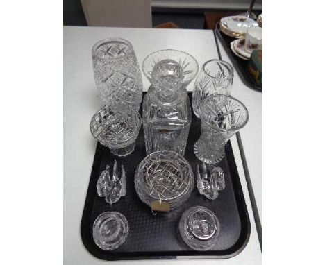 A tray of glass ware, crystal decanter, vases, rose bowls etc 