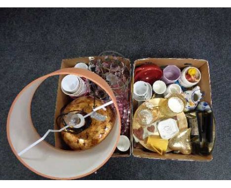 Two boxes of contemporary lights, gas storage jars, table lamp with shade, planters etc 