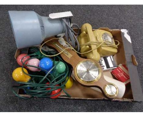 A box of UV lamp, barometer, vintage telephone etc 
