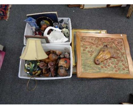 Two boxes of wooden ornaments, china swan planter, table lamp with shade, pictures etc 