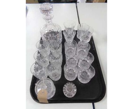 A tray of crystal, decanter, whisky glasses, preserve pot with lid 