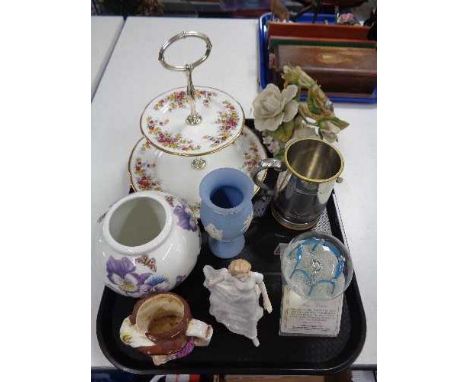 A tray of Portmeirion vase, Wedgwood vase, Doulton figure  - Friendship, Caithness paperweight etc 