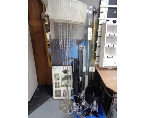 A metal standard lamp with shade and glass drops, box of curtain rails, table lamps, wall canvas etc 