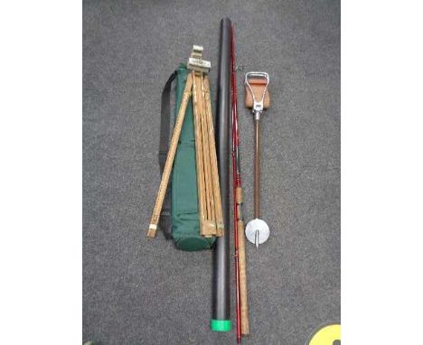 A two piece fishing rod, shooting stick and two folding easels 