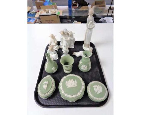 A tray of six pieces of green Wedgwood china, six assorted Nao, Lladro and Spanish figures 