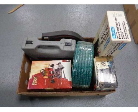 A box of power devil router and cordless drill, Black &amp; Decker sander, tile cutter etc 