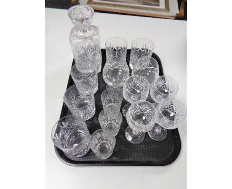 A tray of glass, crystal whisky decanter, brandy and wine glasses  CONDITION REPORT: This glass appears in good un damaged co