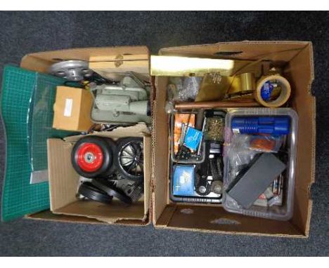 Two boxes of theodolite, drill chucks, wheels, tap and dies, brass off-cuts etc 