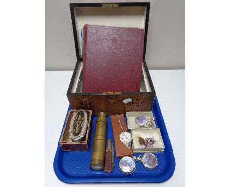 A Victorian inlaid walnut table box together with brass cased pocket telescope, Martins money bank, enamelled badges, pocket 