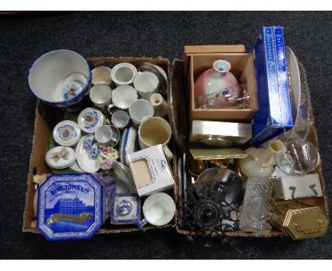 Two boxes of carriage clocks, Ringtons china, onyx mantel clock and cigarette box etc