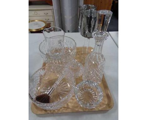 A tray of glass ware, crystal decanter, fruit bowl, water jug etc 