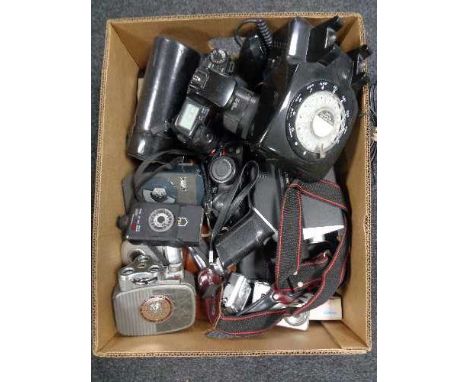 A box of retro style telephone, large quantity of cameras, Canon Eos 100, lenses and accessories, cine camera etc 