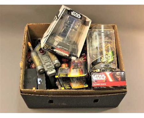 A collection of Hasbro Star Wars Episode I action figures, other figures, collectables including alarm clock, coasters etc (1