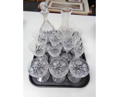 A tray of glass, decanter (Af), wine carafe, crystal glasses etc  CONDITION REPORT: The decanter has a chip to it, but the re