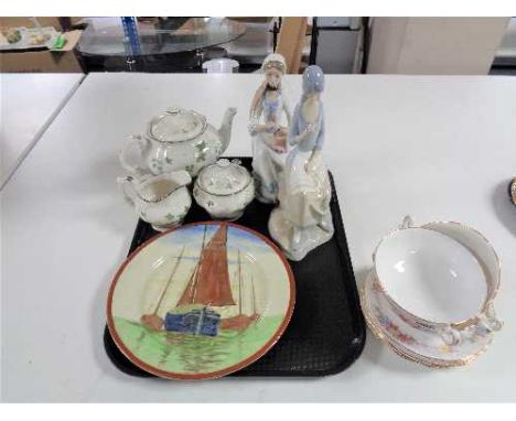 A tray of Spanish figures, Royal Doulton plate depicting boats, Royal Doulton majestic south down tea pot, milk jug and sugar